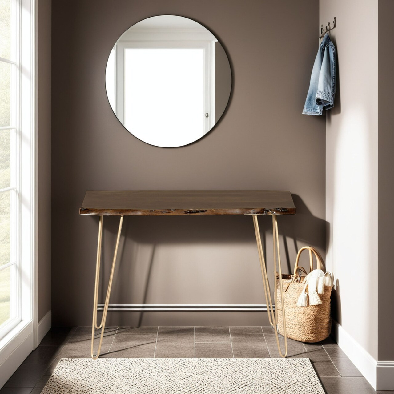 Contemporary Home Living Wooden Top Console Table - 40" - Brown and Gold